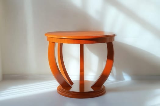 A well-crafted side table stands alone, showcasing its stylish curved legs and smooth surface. The warm wood finish and natural light emphasize the pieces elegance and modern appeal.
