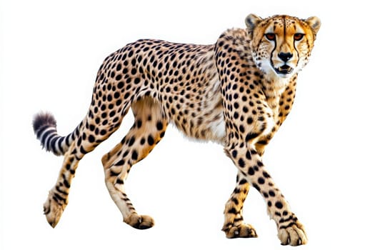 The cheetah stands confidently, its sleek body and distinctive spots highlighted. This solitary feline embodies agility and beauty, a true representation of wildlife in motion.