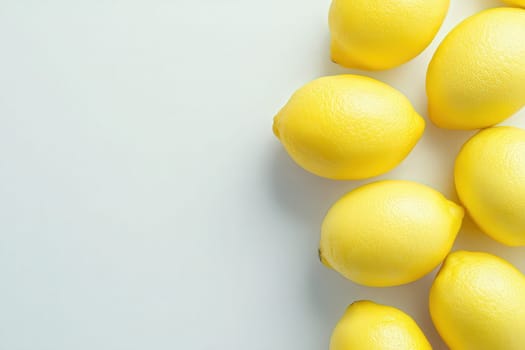 A collection of vibrant yellow citrus lemons is arranged thoughtfully against a clean, solid white backdrop, highlighting their fresh appearance and natural texture.