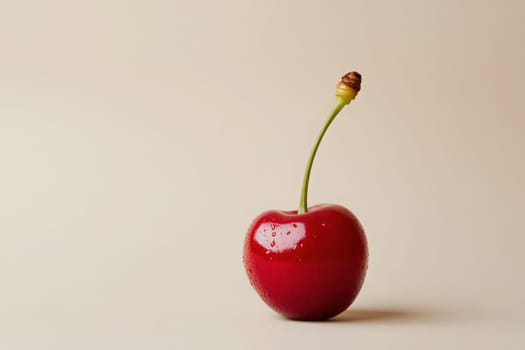 A vibrant red cherry stands upright on a light-colored surface, showcasing its glossy skin and prominent stem. The minimalist setting emphasizes the fruits natural beauty and simplicity.