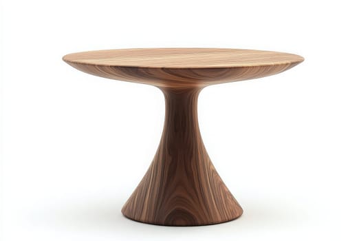 A sleek wooden side table stands gracefully in the center, showcasing its elegant design and smooth finish. The minimalist environment enhances its unique silhouette and aesthetic appeal.
