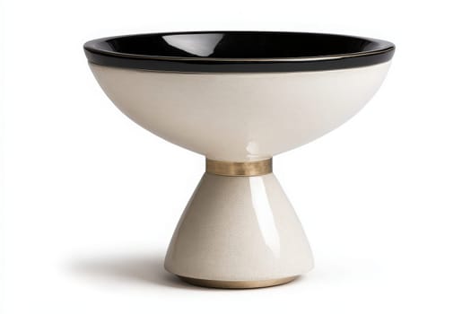 A stylish side table features a two-tone design, combining a sleek black top with a cream-colored base. It stands elegantly in a minimalist environment, showcasing its contemporary aesthetic.