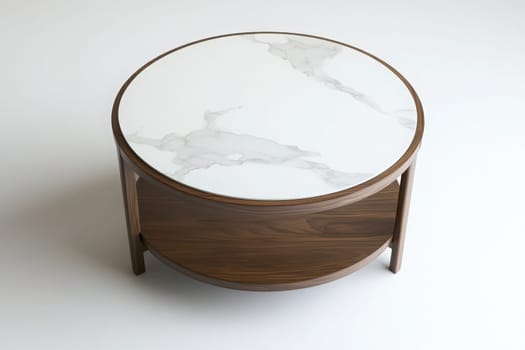 A stylish side table featuring a circular marble top and a wooden base is prominently displayed. The elegant design enhances the contemporary decor of the surrounding space.