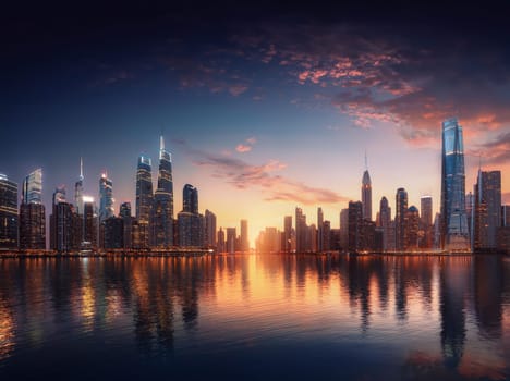 A stunning sunset reflecting on a city's waterfront skyline. AI generated image.