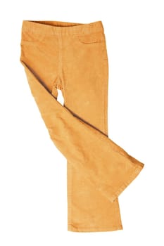 Women casual pants. Womans yellow jeans, corduroy trousers or jersey sweatpants isolated on a white background. Clipping path. Jogging outfit for workout.