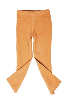 Women casual pants. Womans yellow jeans, corduroy trousers or jersey sweatpants isolated on a white background. Clipping path. Jogging outfit for workout.