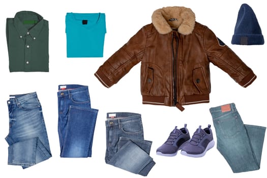 Collage set of male stylish clothes on white. Various trendy stylish blue denim stretch pants. Mens outfit. Jeans fashion for man. Leather jacket, hat, cap and accessories.
