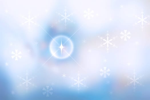 Abstract blurred festive evening winter Christmas background with shiny golden and yellow white bokeh illuminated snowy landscape with stars, baubbels. Card design.
