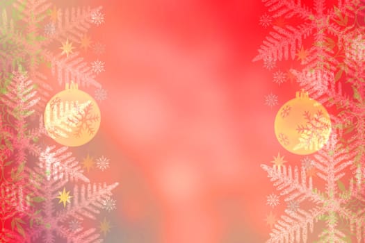 Abstract blurred festive evening winter Christmas background with shiny golden and yellow white bokeh illuminated snowy landscape with stars, baubbels. Card design.