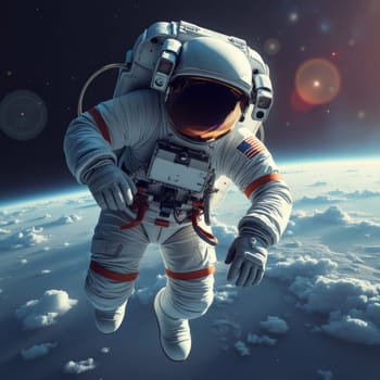 An astronaut in a white spacesuit floats above Earth's atmosphere, with the planet's curvature and clouds visible below against the starry cosmos.