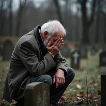 An elderly man in a grey coat sits hunched over by a gravestone, his face buried in his hands, conveying deep sorrow in a misty cemetery.