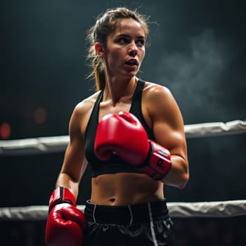 A determined female boxer stands confidently in the ring, ready for a match, showcasing strength and focus.