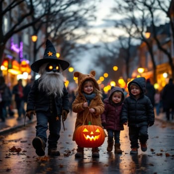 Children in costumes explore the street at dusk, accompanied by a glowing pumpkin, creating a magical Halloween atmosphere.