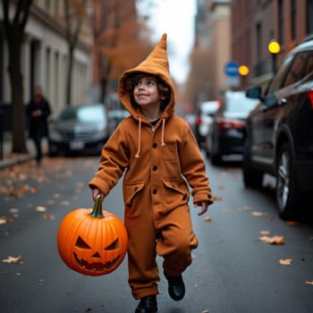 A young child in an orange pumpkin costume walks on a city street surrounded by parked cars and fall foliage.