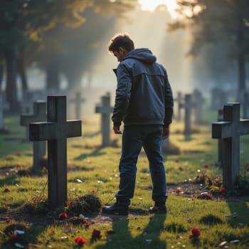A solitary young man in a dark jacket stands before a cross gravestone in a misty cemetery at dawn, surrounded by other graves and fallen leaves.