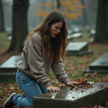 A woman kneels at a grave, mourning in a cemetery during autumn, surrounded by fallen leaves and somber atmosphere.