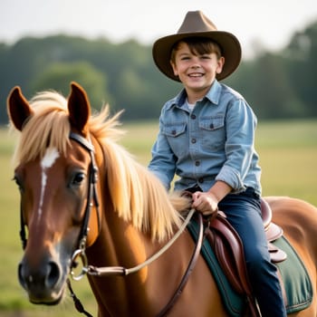 A joyful boy rides a horse in an open field, wearing a cowboy hat, embodying adventure and carefree spirit.