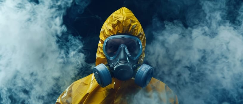 The striking expanse of a person in a yellow hazmat suit and gas mask standing amidst swirling smoke