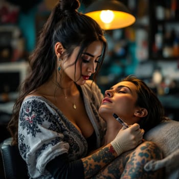 Skilled tattoo artist concentrating on intricate design while tattooing attractive woman with floral arm sleeve in dimly lit studio.