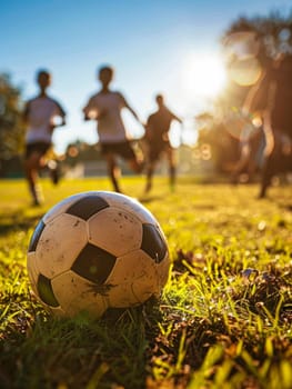 A worn soccer ball rests on the grass with players in motion blurred in the background, highlighted by a sunlit backdrop.