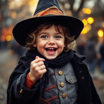 A cheerful young child wearing a black witch hat and scarf smiles widely outdoors, with blurred autumn lights in the background.