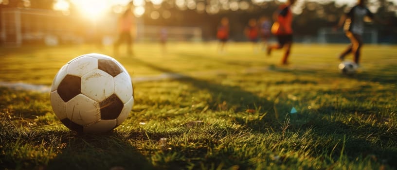 A well-used soccer ball sits on a sunlit field with players engaging in a game in the soft focus background
