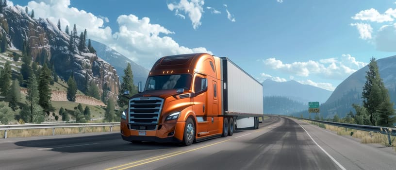 A vibrant orange cargo truck maneuvers a curving forested mountain pass under a sunny sky