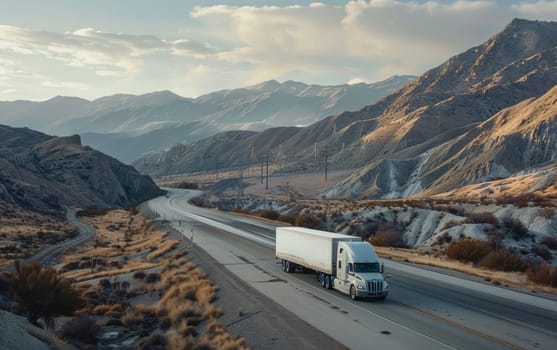 A semi truck travels on a desert highway, surrounded by barren hills and a dramatic cloudy sky, conveying isolation