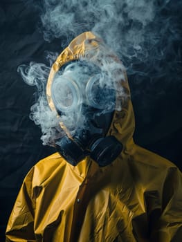 An atmospheric portrait of a figure in a yellow hazmat suit, shrouded by misty smoke and darkness