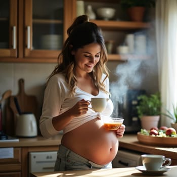 A smiling pregnant woman in white shirt holds a steaming cup while standing in a sunlit kitchen, emphasizing her baby bump.