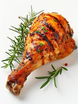 Close-up of a perfectly seasoned chicken leg with rosemary and specks of vibrant spices, ideal for menu visuals