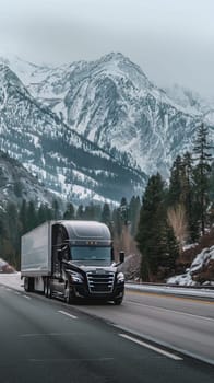 A modern semi truck cruises down a highway surrounded by tall snowy peaks and green forest under a subdued sky