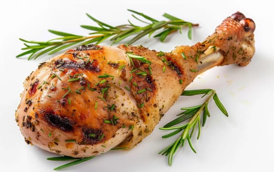 A roasted chicken drumstick with rosemary herbs, perfectly cooked with a golden hue on a white surface