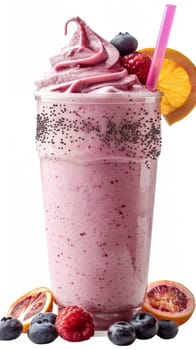 A creamy pink berry smoothie topped with chia seeds, accompanied by fresh raspberries, blueberries, and a slice of blood orange