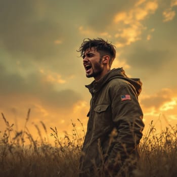 A man stands in a field at sunset, passionately yelling into the distance, expressing raw emotion against a dramatic sky.