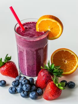A thick berry smoothie with a vibrant orange slice garnish, accompanied by fresh strawberries and blueberries on a white backdrop