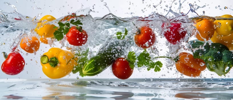A collection of ripe fruits and vegetables with a refreshing water splash across the scene, indicating freshness and purity