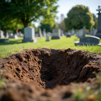 An open grave in a sunlit cemetery, surrounded by green grass and headstones, depicting the cycle of life and death.