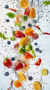 An exhilarating array of fruits including strawberries, blueberries, oranges, and kiwis captured in a dynamic water splash