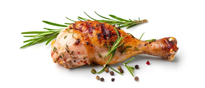 One roasted chicken leg seasoned with a blend of spices, accented by a sprig of rosemary, against a white background