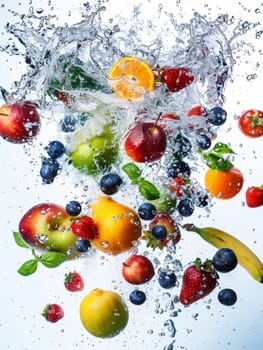 A dynamic splash of water as fruits and berries are immersed, showcasing a mix of textures and freshness