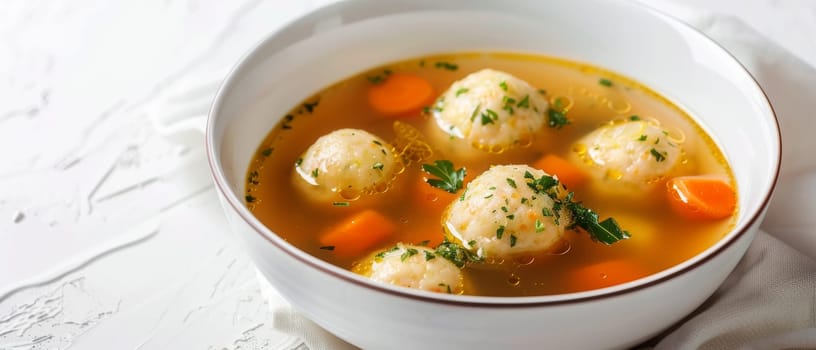 A hot serving of matzo ball soup with tender matzo balls, bright carrot slices, and chopped parsley, in a white bowl
