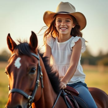 A happy girl with a cowboy hat rides a horse through the countryside at sunset, enjoying the serene outdoors.