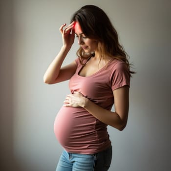 Pregnant woman in casual attire indoors, gently holding her head in discomfort while dealing with a headache.