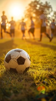 A worn soccer ball on the grass with blurred players and the golden light of sunset in the background