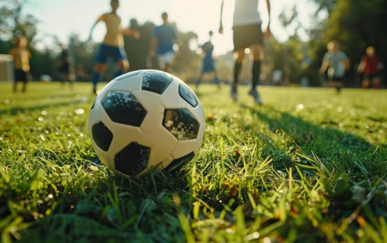 The glow of the afternoon sun highlights a soccer ball and players on a field, depicting a lively match