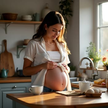 A pregnant woman stands in a sunlit kitchen, gently caressing her belly, surrounded by a cozy and serene atmosphere.