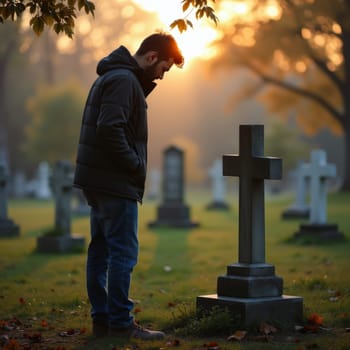 A man stands solemnly by a gravestone in a cemetery, bathed in the warm glow of sunrise, reflecting on memories.