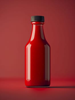 A classic red condiment bottle presented against a textured red backdrop, highlighting a simplistic yet bold aesthetic