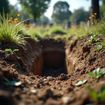A freshly dug grave sits empty in a tranquil cemetery, surrounded by grass and distant headstones, symbolizing life's inevitable end.